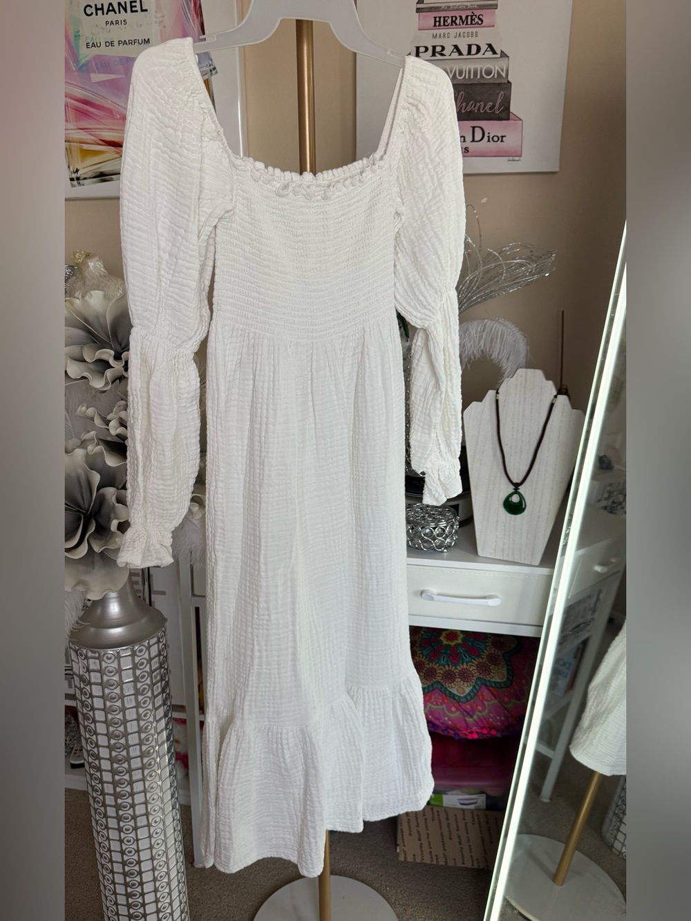 White Smocked Puff-Sleeve Midi Dress - Classic Women's Style